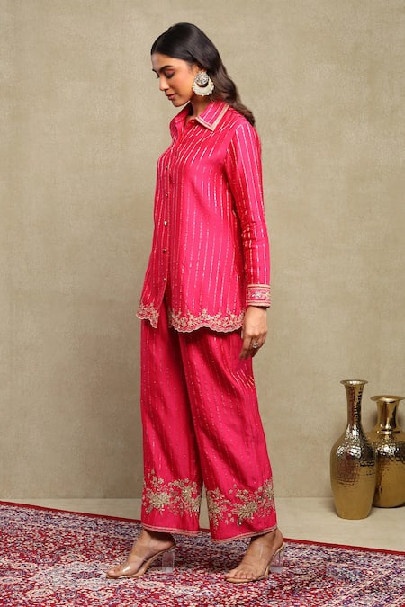 Dohr India Pink Chanderi Silk Zari, Embroidery Collared Banarasi Woven Shirt And Trouser Set at Aza Fashions Dohr India_Pink Chanderi Silk Zari, Embroidery Collared Banarasi Woven Shirt And Trouser Set _at_Aza_Fashions