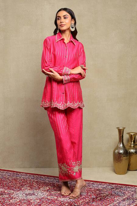 Buy Dohr India Pink Chanderi Silk Zari, Embroidery Collared Banarasi Woven Shirt And Trouser Set Buy_Dohr India_Pink Chanderi Silk Zari, Embroidery Collared Banarasi Woven Shirt And Trouser Set