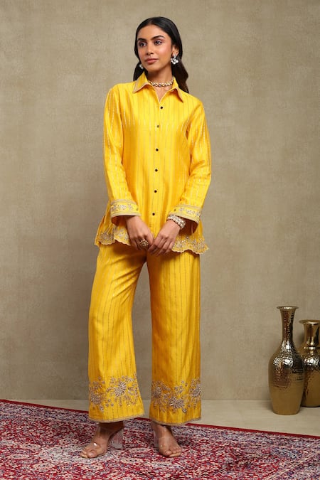 Buy_Dohr India_Yellow Chanderi Silk Zari, Embroidery Banarasi Striped Shirt And Trouser Set _Online_at_Aza_Fashions