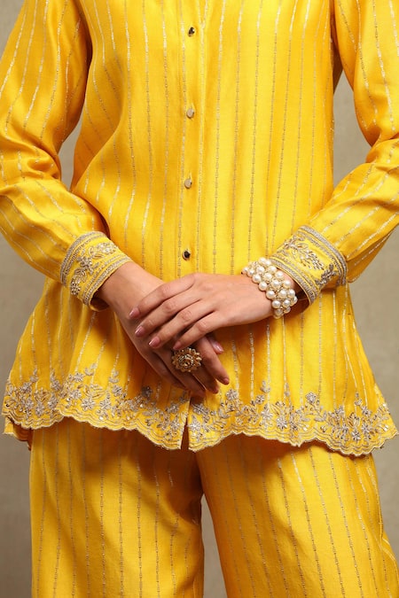 Shop_Dohr India_Yellow Chanderi Silk Zari, Embroidery Banarasi Striped Shirt And Trouser Set _Online_at_Aza_Fashions