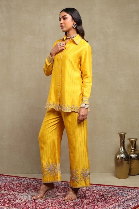 Dohr India_Yellow Chanderi Silk Zari, Embroidery Banarasi Striped Shirt And Trouser Set _at_Aza_Fashions