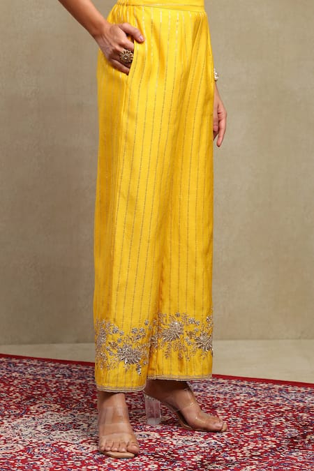 Buy_Dohr India_Yellow Chanderi Silk Zari, Embroidery Banarasi Striped Shirt And Trouser Set 