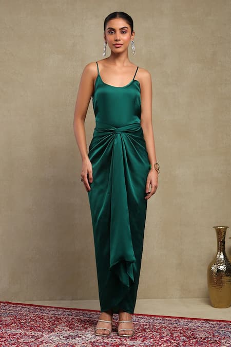 Buy_Dohr India_Emerald Green Chanderi, Cotton, Satin Embroidery Collared Dori Shirt Skirt Set _Online_at_Aza_Fashions