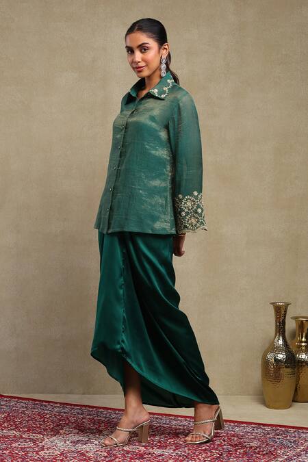 Shop_Dohr India_Emerald Green Chanderi, Cotton, Satin Embroidery Collared Dori Shirt Skirt Set _Online_at_Aza_Fashions