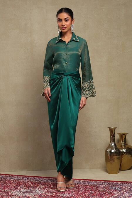 Buy_Dohr India_Emerald Green Chanderi, Cotton, Satin Embroidery Collared Dori Shirt Skirt Set 
