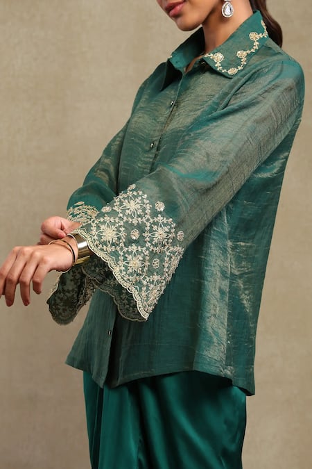 Shop_Dohr India_Emerald Green Chanderi, Cotton, Satin Embroidery Collared Dori Shirt Skirt Set 