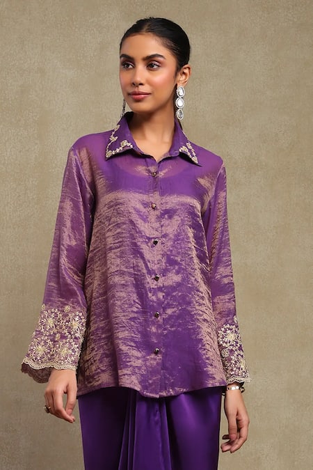 Buy Dohr India Purple Chanderi, Satin Embroidery Collared Dori Scallop Shirt Skirt Set Online at Aza Fashions Buy_Dohr India_Purple Chanderi, Satin Embroidery Collared Dori Scallop Shirt Skirt Set _Online_at_Aza_Fashions