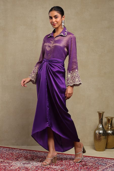 Dohr India Purple Chanderi, Satin Embroidery Collared Dori Scallop Shirt Skirt Set at Aza Fashions Dohr India_Purple Chanderi, Satin Embroidery Collared Dori Scallop Shirt Skirt Set _at_Aza_Fashions