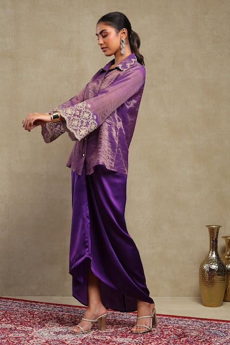 Buy Dohr India Purple Chanderi, Satin Embroidery Collared Dori Scallop Shirt Skirt Set Buy_Dohr India_Purple Chanderi, Satin Embroidery Collared Dori Scallop Shirt Skirt Set