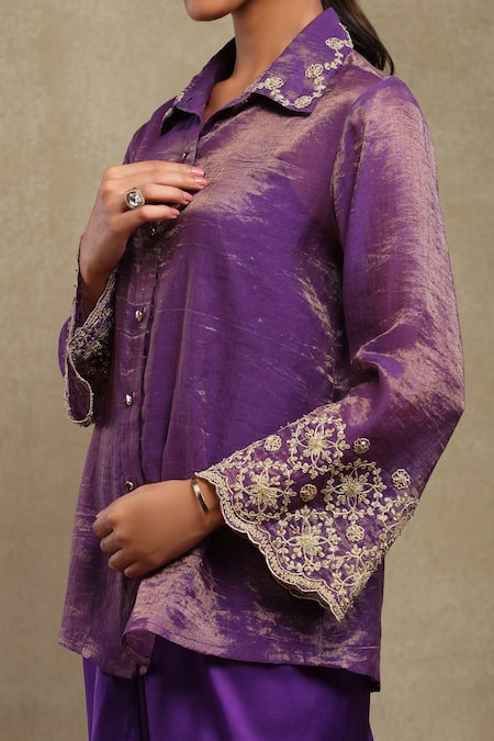 Shop Dohr India Purple Chanderi, Satin Embroidery Collared Dori Scallop Shirt Skirt Set Shop_Dohr India_Purple Chanderi, Satin Embroidery Collared Dori Scallop Shirt Skirt Set
