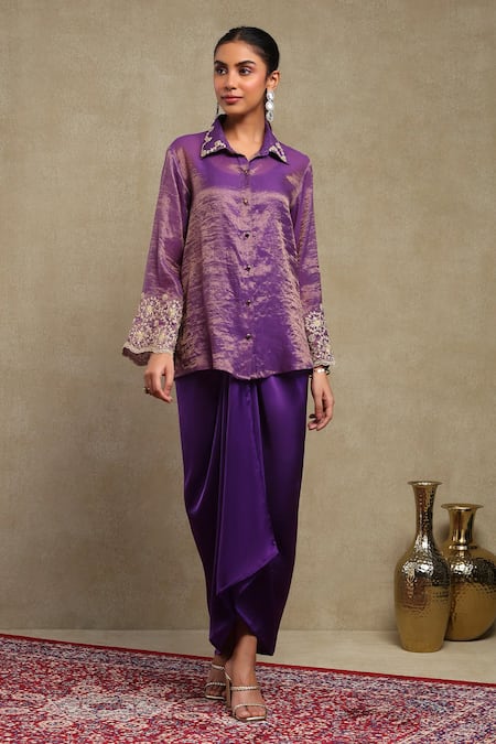 Dohr India Dori Embroidered Scallop Shirt Skirt Set 