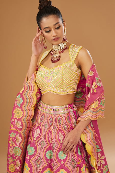I Am Design_Pink Silk Embroidery, Mirrors, Sequins, Foil Printing Floral Lehenga Set _Online_at_Aza_Fashions