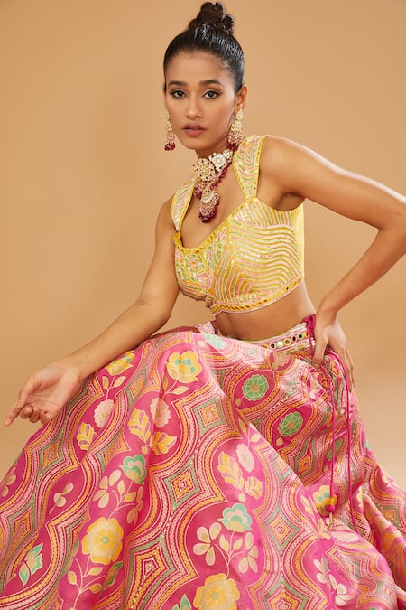 Buy_I Am Design_Pink Silk Embroidery, Mirrors, Sequins, Foil Printing Floral Lehenga Set _Online_at_Aza_Fashions