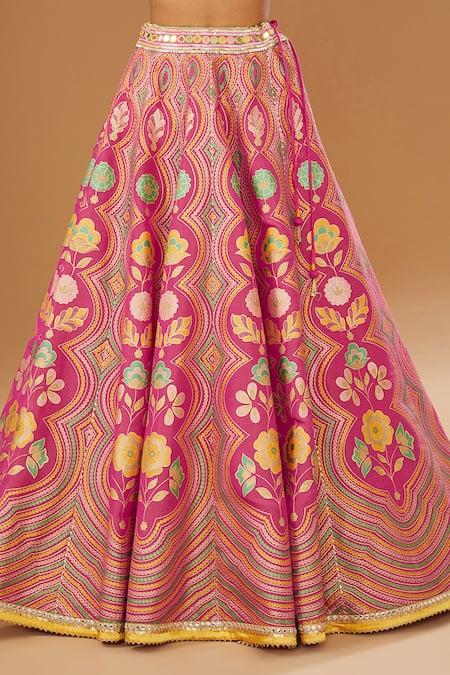 Shop_I Am Design_Pink Silk Embroidery, Mirrors, Sequins, Foil Printing Floral Lehenga Set _Online_at_Aza_Fashions