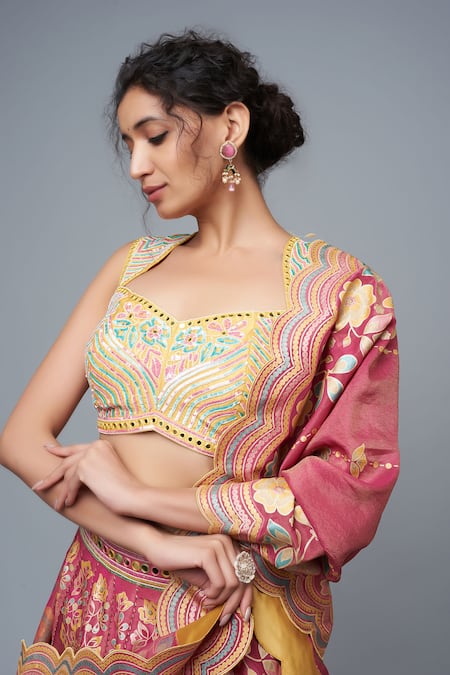 I Am Design Pink Silk Embroidery, Zari, Mirrors, Sequins Sweetheart Floral Print Lehenga Set Online at Aza Fashions I Am Design_Pink Silk Embroidery, Zari, Mirrors, Sequins Sweetheart Floral Print Lehenga Set _Online_at_Aza_Fashions