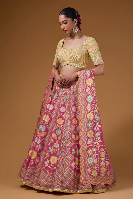 I Am Design_Pink Silk Embroidery, Mirrors, Sequins Sweetheart Botanical Print Lehenga Set _Online_at_Aza_Fashions