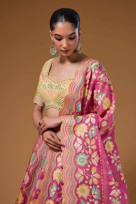 Buy_I Am Design_Pink Silk Embroidery, Mirrors, Sequins Sweetheart Botanical Print Lehenga Set _Online_at_Aza_Fashions
