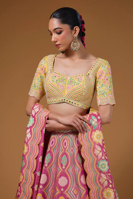 I Am Design_Pink Silk Embroidery, Mirrors, Sequins Sweetheart Botanical Print Lehenga Set _at_Aza_Fashions