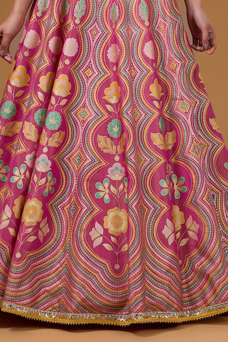 Buy_I Am Design_Pink Silk Embroidery, Mirrors, Sequins Sweetheart Botanical Print Lehenga Set 