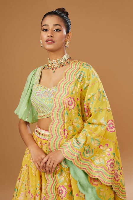 I Am Design Yellow Silk Embroidery, Mirrors, Sequins Square Neck Flower Print Lehenga Set Online at Aza Fashions I Am Design_Yellow Silk Embroidery, Mirrors, Sequins Square Neck Flower Print Lehenga Set _Online_at_Aza_Fashions