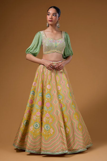I Am Design Yellow Silk Mirrors, Sequins, Embroidery Square Neck Garden Print Lehenga Set Online at Aza Fashions I Am Design_Yellow Silk Mirrors, Sequins, Embroidery Square Neck Garden Print Lehenga Set _Online_at_Aza_Fashions