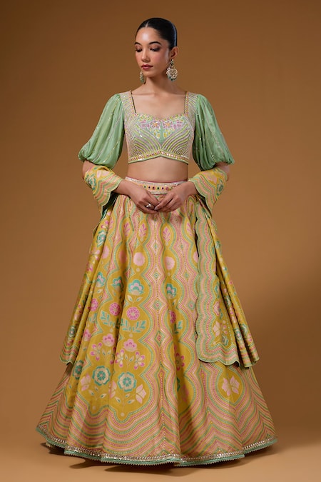 Buy I Am Design Yellow Silk Mirrors, Sequins, Embroidery Square Neck Garden Print Lehenga Set Online at Aza Fashions Buy_I Am Design_Yellow Silk Mirrors, Sequins, Embroidery Square Neck Garden Print Lehenga Set _Online_at_Aza_Fashions