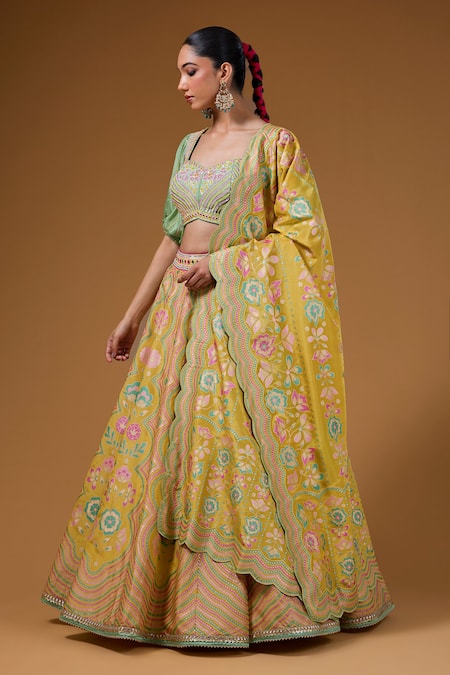 Shop I Am Design Yellow Silk Mirrors, Sequins, Embroidery Square Neck Garden Print Lehenga Set Online at Aza Fashions Shop_I Am Design_Yellow Silk Mirrors, Sequins, Embroidery Square Neck Garden Print Lehenga Set _Online_at_Aza_Fashions