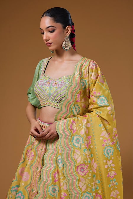 I Am Design Yellow Silk Mirrors, Sequins, Embroidery Square Neck Garden Print Lehenga Set at Aza Fashions I Am Design_Yellow Silk Mirrors, Sequins, Embroidery Square Neck Garden Print Lehenga Set _at_Aza_Fashions