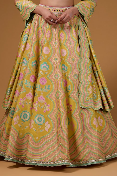 Buy I Am Design Yellow Silk Mirrors, Sequins, Embroidery Square Neck Garden Print Lehenga Set Buy_I Am Design_Yellow Silk Mirrors, Sequins, Embroidery Square Neck Garden Print Lehenga Set