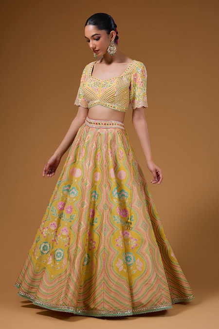 I Am Design Yellow Silk Embroidery, Mirrors, Sequins, Foil Printing Botanical Lehenga Set Online at Aza Fashions I Am Design_Yellow Silk Embroidery, Mirrors, Sequins, Foil Printing Botanical Lehenga Set _Online_at_Aza_Fashions
