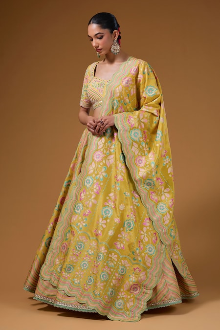 Buy I Am Design Yellow Silk Embroidery, Mirrors, Sequins, Foil Printing Botanical Lehenga Set Online at Aza Fashions Buy_I Am Design_Yellow Silk Embroidery, Mirrors, Sequins, Foil Printing Botanical Lehenga Set _Online_at_Aza_Fashions