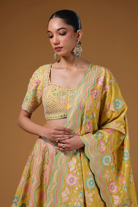 Shop I Am Design Yellow Silk Embroidery, Mirrors, Sequins, Foil Printing Botanical Lehenga Set Online at Aza Fashions Shop_I Am Design_Yellow Silk Embroidery, Mirrors, Sequins, Foil Printing Botanical Lehenga Set _Online_at_Aza_Fashions