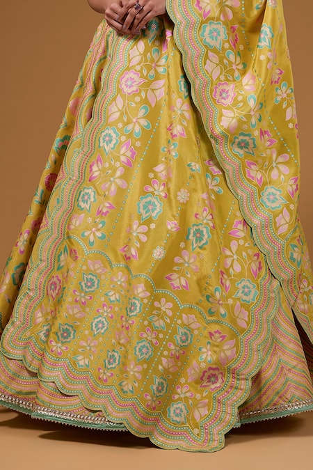 I Am Design Yellow Silk Embroidery, Mirrors, Sequins, Foil Printing Botanical Lehenga Set at Aza Fashions I Am Design_Yellow Silk Embroidery, Mirrors, Sequins, Foil Printing Botanical Lehenga Set _at_Aza_Fashions