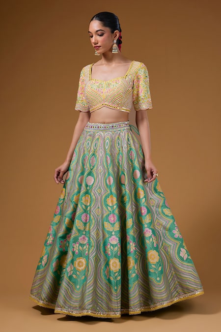 I Am Design_Green Silk Embroidery, Mirrors, Sequins Square Neck Garden Print Lehenga Set _Online_at_Aza_Fashions