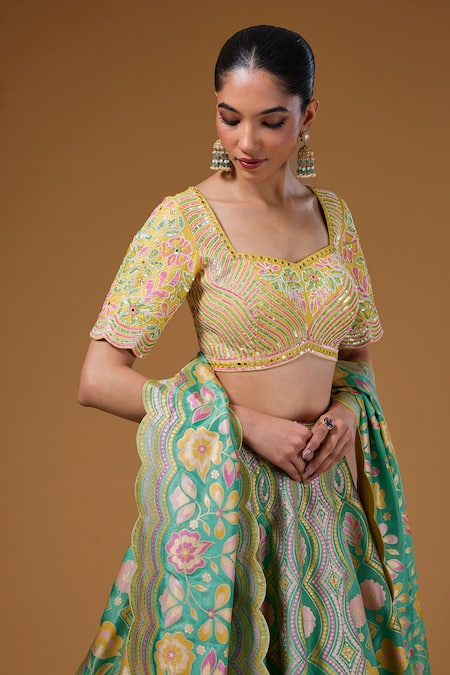 Buy_I Am Design_Green Silk Embroidery, Mirrors, Sequins Square Neck Garden Print Lehenga Set _Online_at_Aza_Fashions