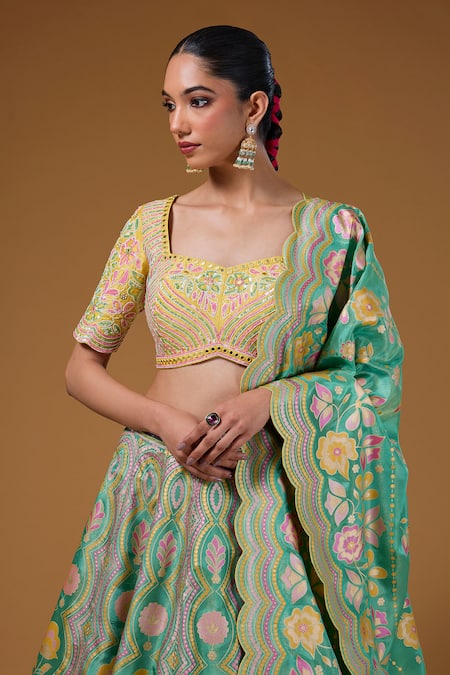 I Am Design_Green Silk Embroidery, Mirrors, Sequins Square Neck Garden Print Lehenga Set _at_Aza_Fashions