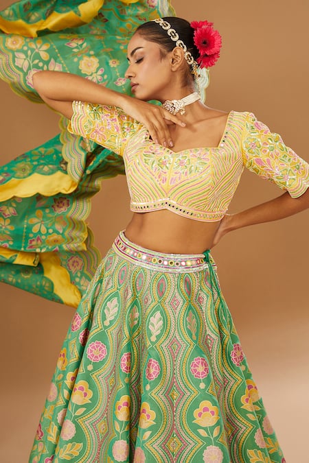 I Am Design_Green Silk Embroidery, Mirrors, Sequins Square Neck Bloom Print Lehenga Set _Online_at_Aza_Fashions