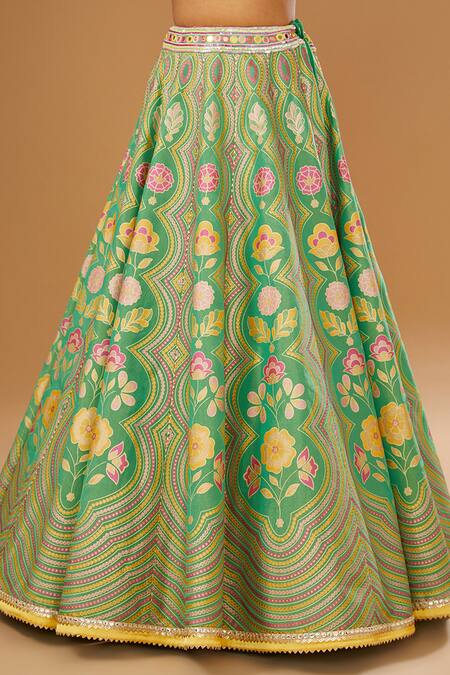 Buy_I Am Design_Green Silk Embroidery, Mirrors, Sequins Square Neck Bloom Print Lehenga Set _Online_at_Aza_Fashions