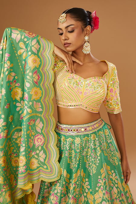 I Am Design_Green Silk Embroidery, Mirrors, Sequins Sweetheart Blossom Print Lehenga Set _Online_at_Aza_Fashions