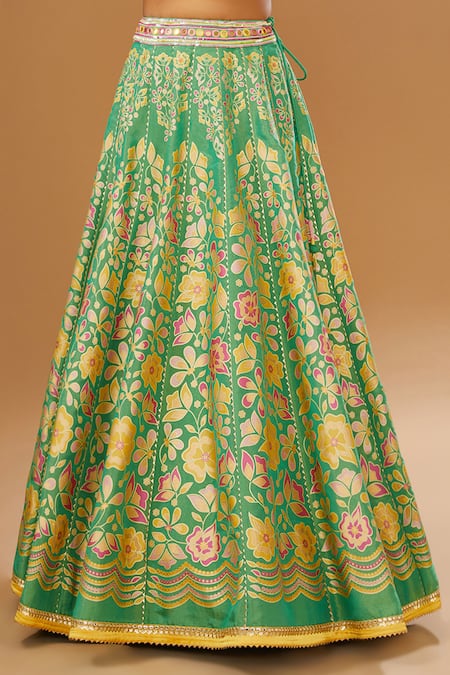 Buy_I Am Design_Green Silk Embroidery, Mirrors, Sequins Sweetheart Blossom Print Lehenga Set _Online_at_Aza_Fashions