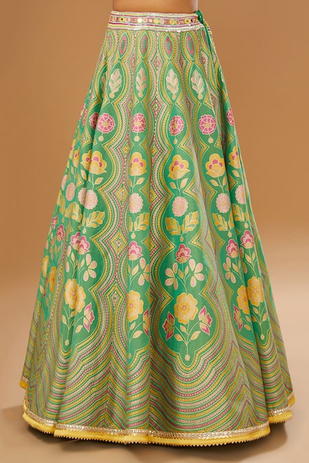 I Am Design Green Silk Mirrors, Embroidery, Sequins Sweetheart Neck, Petal Print Lehenga Set Online at Aza Fashions I Am Design_Green Silk Mirrors, Embroidery, Sequins Sweetheart Neck, Petal Print Lehenga Set _Online_at_Aza_Fashions