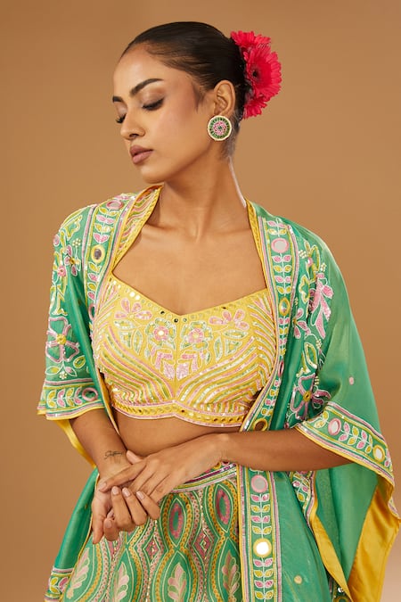 Buy I Am Design Green Silk Mirrors, Embroidery, Sequins Sweetheart Neck, Petal Print Lehenga Set Online at Aza Fashions Buy_I Am Design_Green Silk Mirrors, Embroidery, Sequins Sweetheart Neck, Petal Print Lehenga Set _Online_at_Aza_Fashions