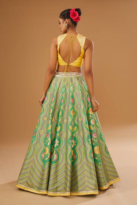 Shop I Am Design Green Silk Mirrors, Embroidery, Sequins Sweetheart Neck, Petal Print Lehenga Set Online at Aza Fashions Shop_I Am Design_Green Silk Mirrors, Embroidery, Sequins Sweetheart Neck, Petal Print Lehenga Set _Online_at_Aza_Fashions