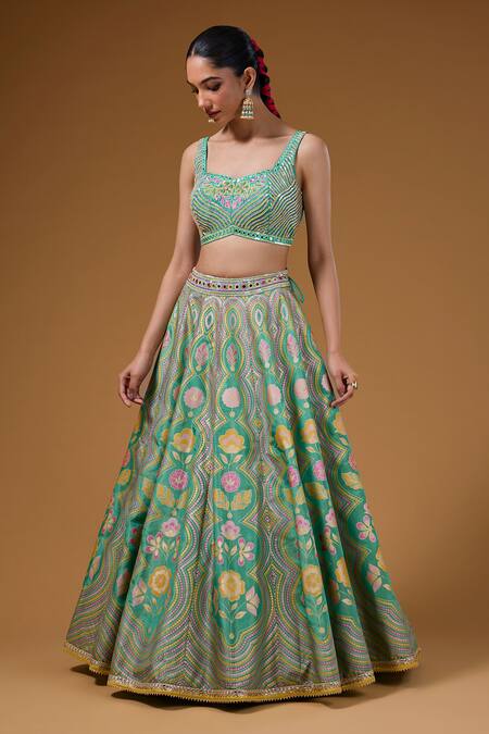 I Am Design_Green Silk Embroidery, Sequins, Mirrors, Zari, Foil Printing Floral Lehenga Set _Online_at_Aza_Fashions