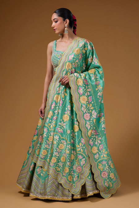 Buy_I Am Design_Green Silk Embroidery, Sequins, Mirrors, Zari, Foil Printing Floral Lehenga Set _Online_at_Aza_Fashions
