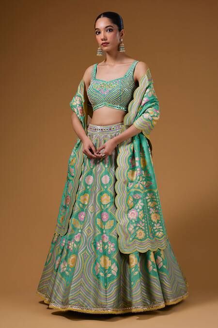 Shop_I Am Design_Green Silk Embroidery, Sequins, Mirrors, Zari, Foil Printing Floral Lehenga Set _Online_at_Aza_Fashions