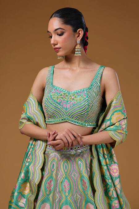 I Am Design_Green Silk Embroidery, Sequins, Mirrors, Zari, Foil Printing Floral Lehenga Set _at_Aza_Fashions