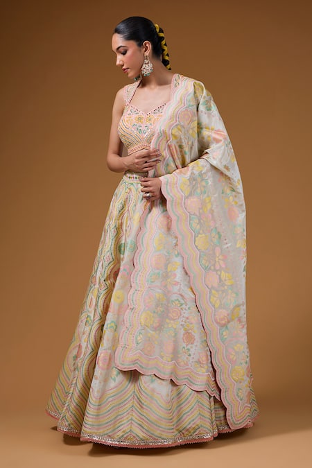 I Am Design_Ivory Silk Embroidery, Mirrors, Sequins Sweetheart Bouquet Print Lehenga Set _Online_at_Aza_Fashions