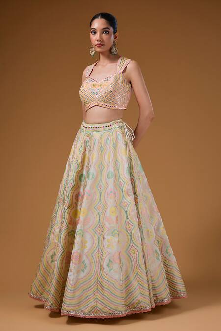 Buy_I Am Design_Ivory Silk Embroidery, Mirrors, Sequins Sweetheart Bouquet Print Lehenga Set _Online_at_Aza_Fashions