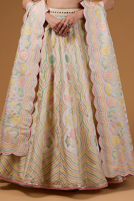 Shop_I Am Design_Ivory Silk Embroidery, Mirrors, Sequins Sweetheart Bouquet Print Lehenga Set _Online_at_Aza_Fashions